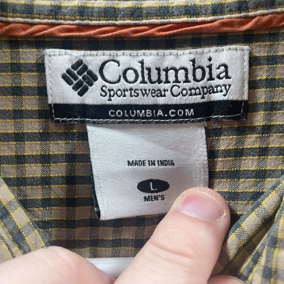 Columbia Shirt Adult Large Gren Tan Plaid Long Sleeve Button Up Hiking Mens Logo - Picture 7 of 10
